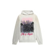White Cotton SweatshirtBalenciaga’s City of Angels Hoodie combines comfort and urban identity in an essential yet striking design. Made of dry fleece, it features sloping shoulders, front pouch pocket and gathered trim on cuffs and waist. The drawstring-f