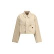 Beige Cotton Denim JacketBalenciaga’s Workwear crop Jacket reinterprets workwear with a modern and sophisticated twist. Featuring a classic collar, zipper front closure and snaps, it has two zippered patch pockets and a mini logo patch on the front. The w
