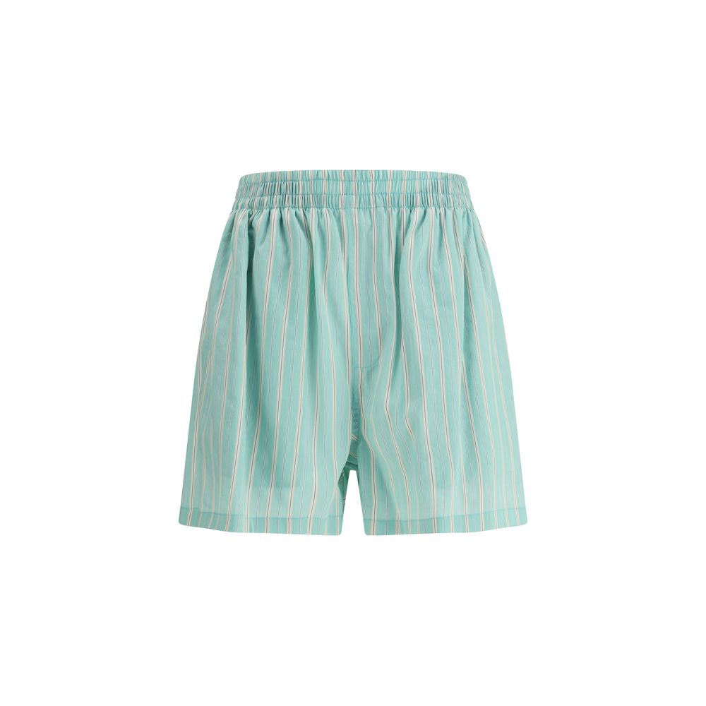 Green Copper Bermuda ShortsBalenciaga’s Striped Shorts offer the perfect balance of comfort and contemporary style. Featuring an elasticized waistband and two side welt pockets, they have an essential silhouette enhanced by a striped print for a casual ye