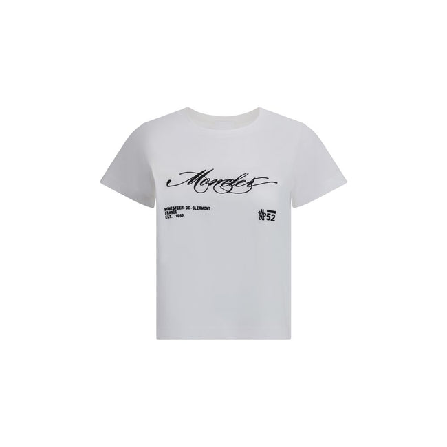 White Cotton T-ShirtMoncler’s Logo T-Shirt is a garment with an essential and modern style. Made from soft cotton, it features a ribbed crew neck and a sought-after embroidered logo on the front. The crop cut adds a contemporary touch, perfect for casual