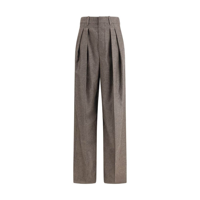 Wool Herringbone pattern wide leg PantsSaint Laurent’s wool Herringbone pattern wide leg Pants are an example of impeccable tailoring and timeless style. Featuring a medium waist and wide leg, they feature double pleats and a center crease that define an