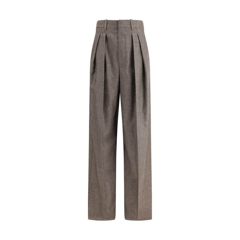 Wool Herringbone pattern wide leg PantsSaint Laurent’s wool Herringbone pattern wide leg Pants are an example of impeccable tailoring and timeless style. Featuring a medium waist and wide leg, they feature double pleats and a center crease that define an