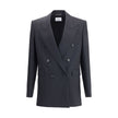 Black Wool ClothingSaint Laurent’s wool double-breasted Blazer expresses bold elegance and a contemporary silhouette. Made of certified wool, it features a six-button closure, peaked lapels and an elongated, oversized fit for a structured, characterful lo