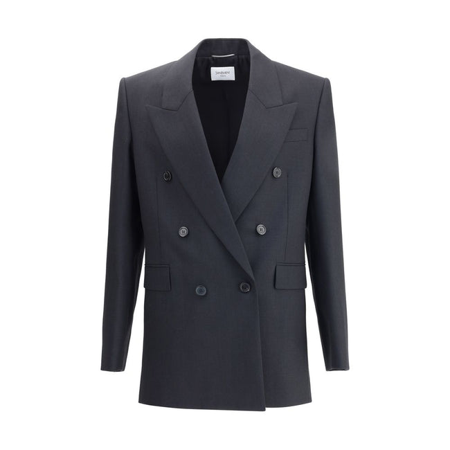 Black Wool ClothingSaint Laurent’s wool double-breasted Blazer expresses bold elegance and a contemporary silhouette. Made of certified wool, it features a six-button closure, peaked lapels and an elongated, oversized fit for a structured, characterful lo