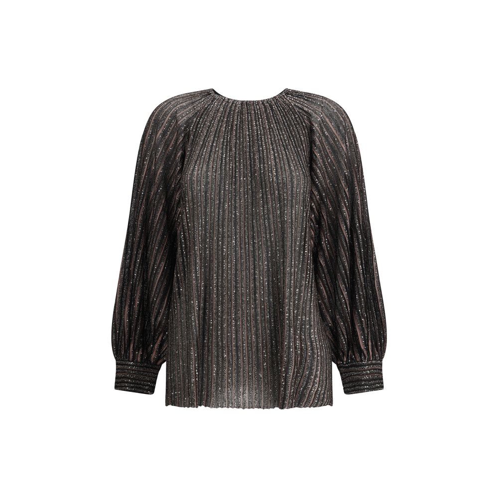 Striped sequined BlouseMissoni’s Striped sequined Blouse is a feminine and sophisticated piece, featuring a simple crew neck and balloon sleeves that give it volume and movement. The raw-cut hem adds a modern detail, while sequins embellish the striped pa