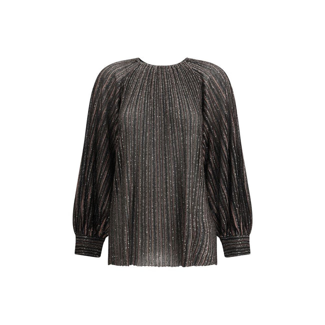 Striped sequined BlouseMissoni’s Striped sequined Blouse is a feminine and sophisticated piece, featuring a simple crew neck and balloon sleeves that give it volume and movement. The raw-cut hem adds a modern detail, while sequins embellish the striped pa