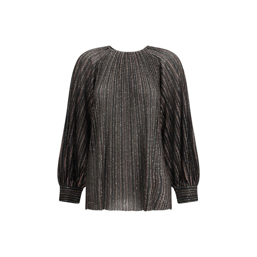 Striped sequined BlouseMissoni’s Striped sequined Blouse is a feminine and sophisticated piece, featuring a simple crew neck and balloon sleeves that give it volume and movement. The raw-cut hem adds a modern detail, while sequins embellish the striped pa