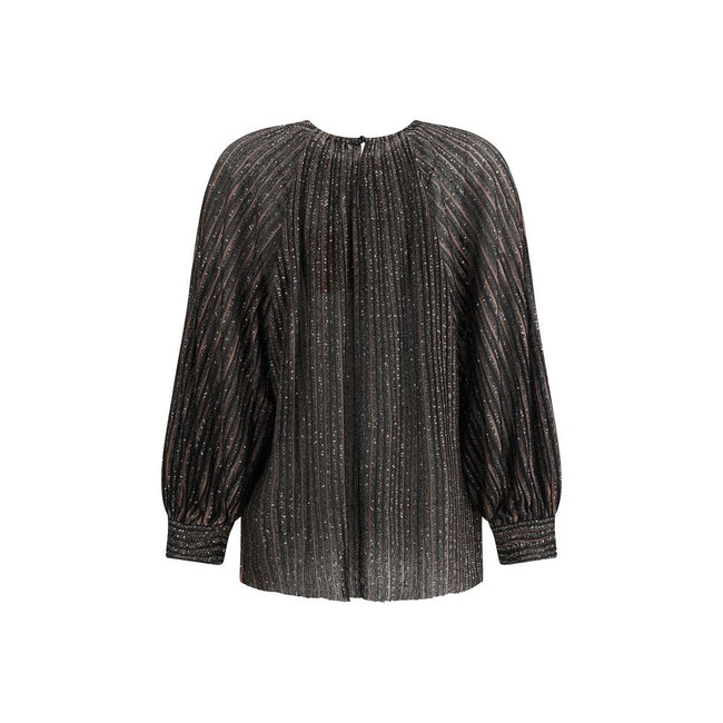 Striped sequined BlouseMissoni’s Striped sequined Blouse is a feminine and sophisticated piece, featuring a simple crew neck and balloon sleeves that give it volume and movement. The raw-cut hem adds a modern detail, while sequins embellish the striped pa