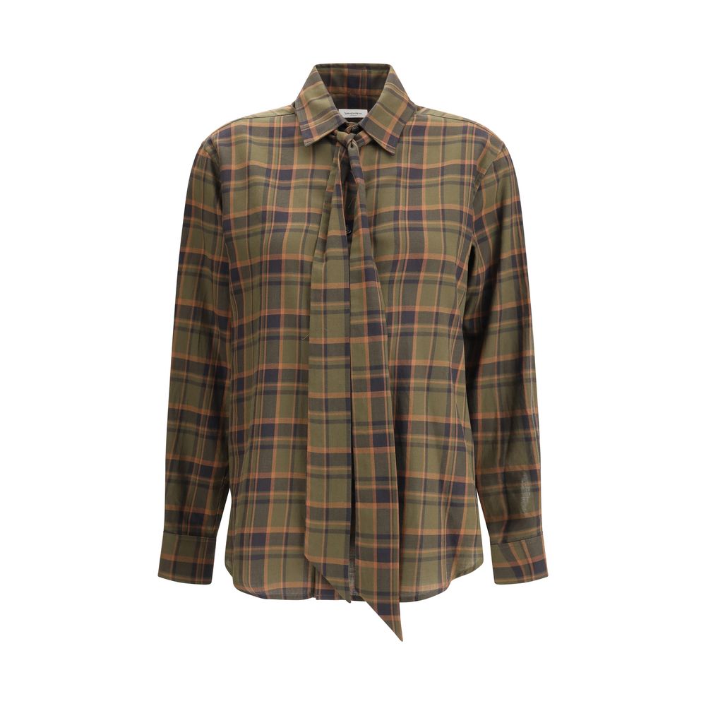 Green Cotton Pattern ShirtSaint Laurent’s Cassandre check lavallière Shirt combines retro elegance and distinctive details. Made of a check-patterned fabric, it features a front button closure, pointed collar embellished with a lavallière bow, and single-