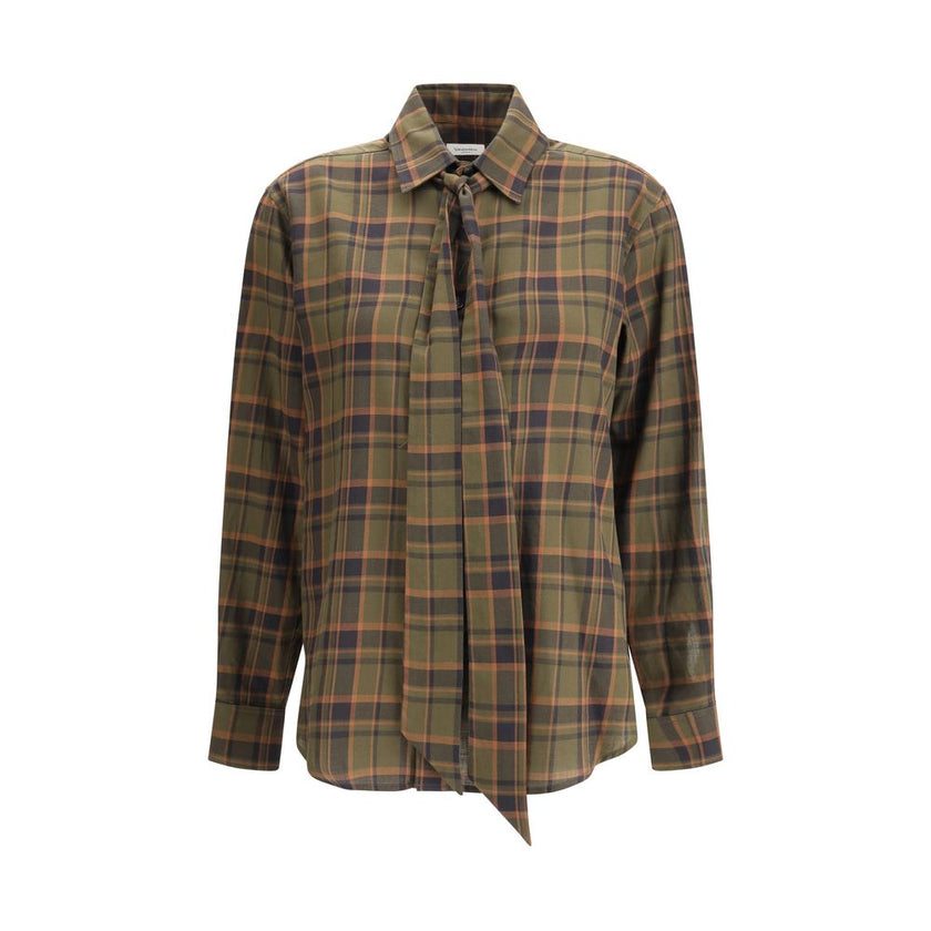 Green Cotton Pattern ShirtSaint Laurent’s Cassandre check lavallière Shirt combines retro elegance and distinctive details. Made of a check-patterned fabric, it features a front button closure, pointed collar embellished with a lavallière bow, and single-