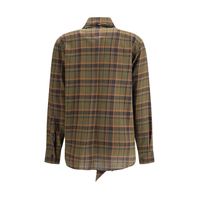 Green Cotton Pattern ShirtSaint Laurent’s Cassandre check lavallière Shirt combines retro elegance and distinctive details. Made of a check-patterned fabric, it features a front button closure, pointed collar embellished with a lavallière bow, and single-