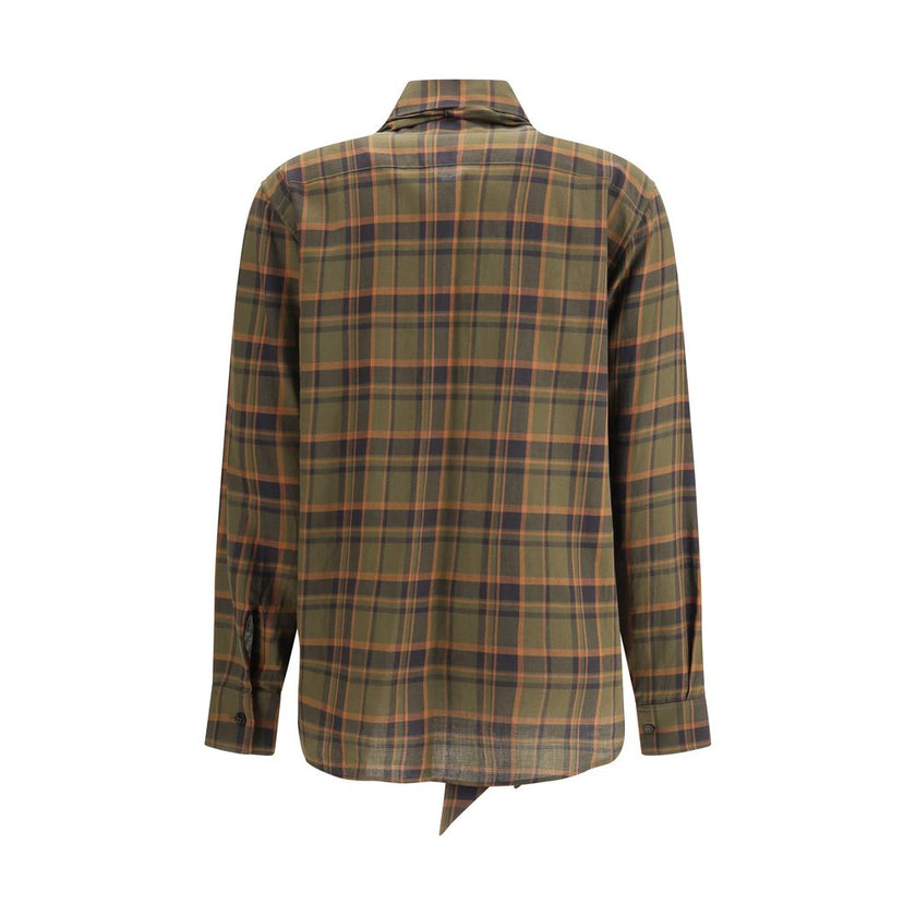 Green Cotton Pattern ShirtSaint Laurent’s Cassandre check lavallière Shirt combines retro elegance and distinctive details. Made of a check-patterned fabric, it features a front button closure, pointed collar embellished with a lavallière bow, and single-
