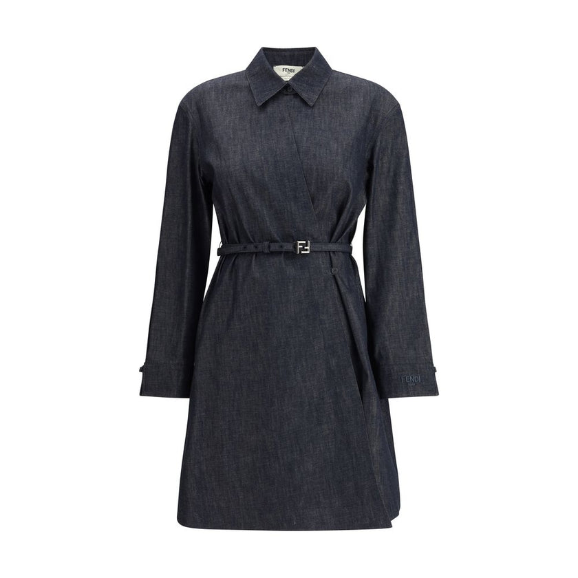 Blue Cotton Casual DressFendi’s chambray Dress is a short straight-cut chemisier designed for a casual yet sophisticated look. Made from ultralight chambray denim, it features a shirt-style collar and cuffs that accentuate its versatility. The asymmetrica