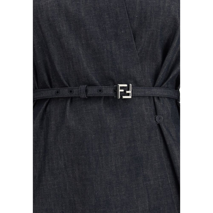 Blue Cotton Casual DressFendi’s chambray Dress is a short straight-cut chemisier designed for a casual yet sophisticated look. Made from ultralight chambray denim, it features a shirt-style collar and cuffs that accentuate its versatility. The asymmetrica