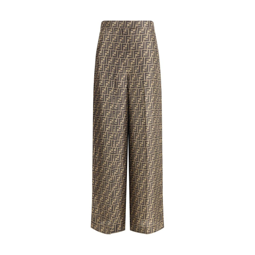 Brown Silk Casual PantsFendi’s monogram pattern silk Pants are an elegant garment with timeless appeal. Made of fine silk, they feature a palazzo cut with a high waist that slims the figure. The classic FF monogram characterizes the entire surface, giving
