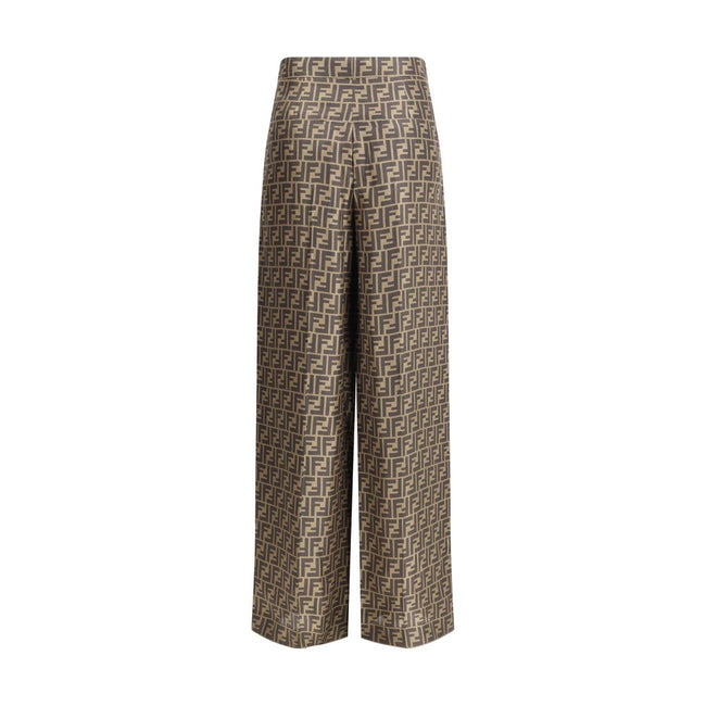 Brown Silk Casual PantsFendi’s monogram pattern silk Pants are an elegant garment with timeless appeal. Made of fine silk, they feature a palazzo cut with a high waist that slims the figure. The classic FF monogram characterizes the entire surface, giving