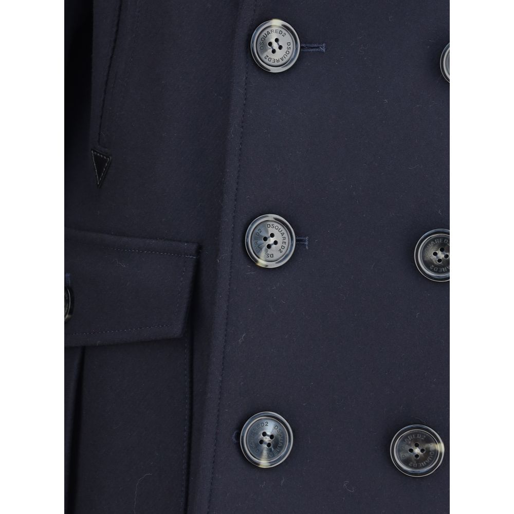 Blue Wool CoatDsquared2’s wool caban Coat reinterprets an outerwear classic with the house’s unmistakable style. Featuring classic lapels and a double-breasted button closure, it has two side flap patch pockets and a back slit, which enhances its structur