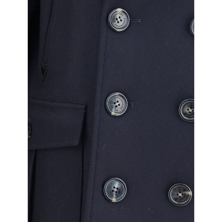 Blue Wool CoatDsquared2’s wool caban Coat reinterprets an outerwear classic with the house’s unmistakable style. Featuring classic lapels and a double-breasted button closure, it has two side flap patch pockets and a back slit, which enhances its structur