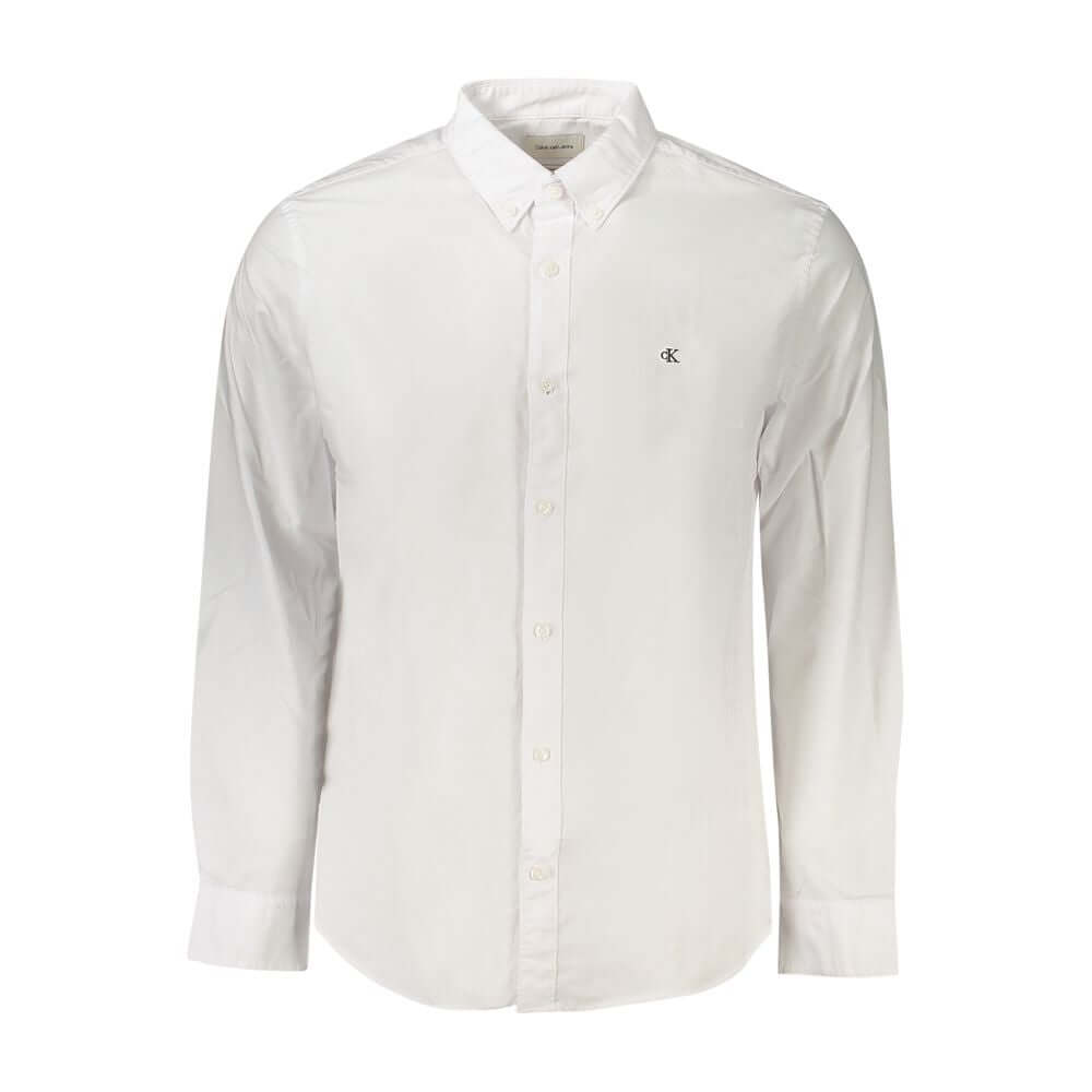 White Cotton Men ShirtElevate your wardrobe with the timeless elegance of Calvin Klein. This classic fit, long-sleeved shirt is the epitome of modern sophistication, featuring a sharp button-down collar and sleek 2-button cuffs. Adorned with subtle embroi