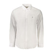 White Cotton Men ShirtElevate your wardrobe with the timeless elegance of Calvin Klein. This classic fit, long-sleeved shirt is the epitome of modern sophistication, featuring a sharp button-down collar and sleek 2-button cuffs. Adorned with subtle embroi
