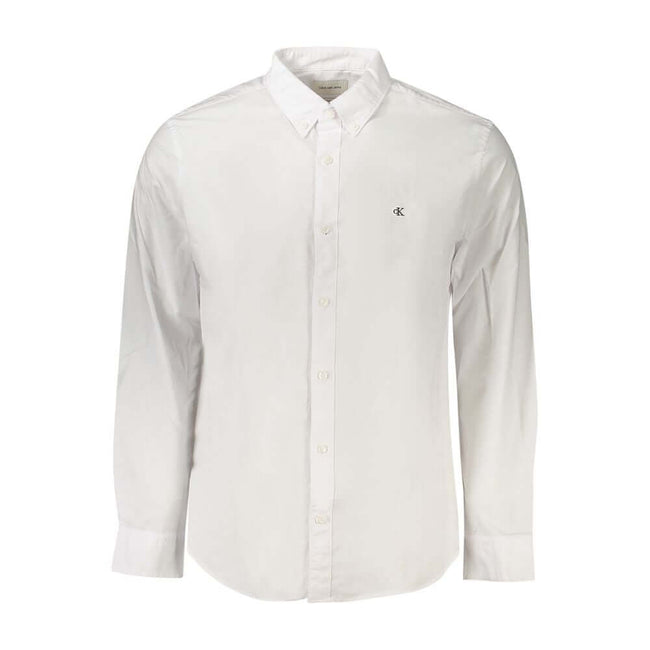 White Cotton Men ShirtElevate your wardrobe with the timeless elegance of Calvin Klein. This classic fit, long-sleeved shirt is the epitome of modern sophistication, featuring a sharp button-down collar and sleek 2-button cuffs. Adorned with subtle embroi