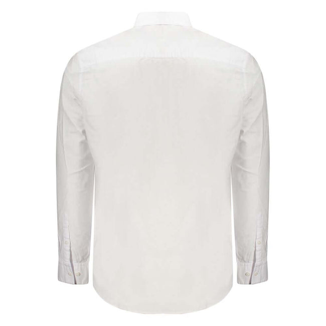 White Cotton Men ShirtElevate your wardrobe with the timeless elegance of Calvin Klein. This classic fit, long-sleeved shirt is the epitome of modern sophistication, featuring a sharp button-down collar and sleek 2-button cuffs. Adorned with subtle embroi