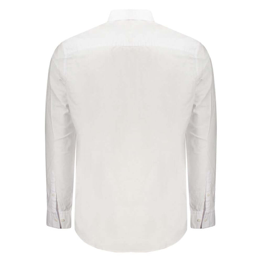 White Cotton Men ShirtElevate your wardrobe with the timeless elegance of Calvin Klein. This classic fit, long-sleeved shirt is the epitome of modern sophistication, featuring a sharp button-down collar and sleek 2-button cuffs. Adorned with subtle embroi