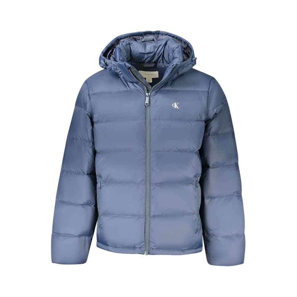 Blue Polyamide Men JacketDiscover the epitome of urban sophistication with this Calvin Klein jacket, crafted from eco-conscious 100% recycled nylon. Featuring a cutting-edge design with a removable hood for adaptability, this jacket boasts wind and water-