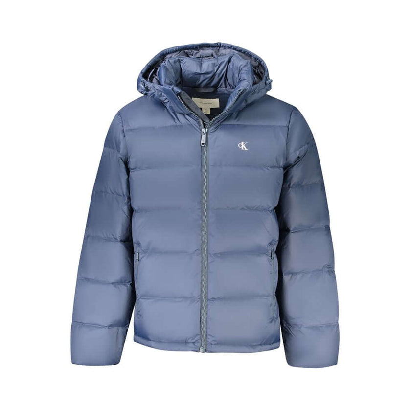 Blue Polyamide Men JacketDiscover the epitome of urban sophistication with this Calvin Klein jacket, crafted from eco-conscious 100% recycled nylon. Featuring a cutting-edge design with a removable hood for adaptability, this jacket boasts wind and water-