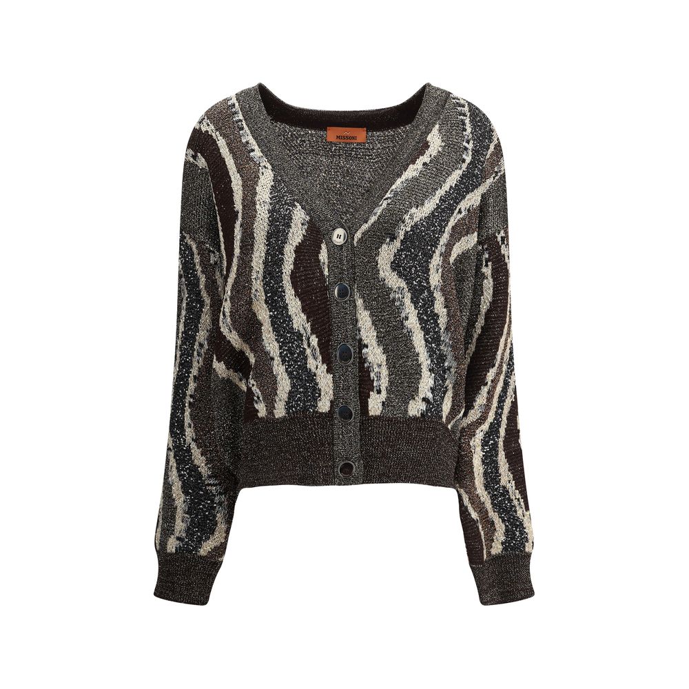 Brown Viscose CardiganMissoni’s Wave pattern boxy Cardigan is a garment with a modern and sophisticated style. Made of jacquard with the characteristic wave motif, it features a button closure and applied sequins that give shine and a touch of elegance, p