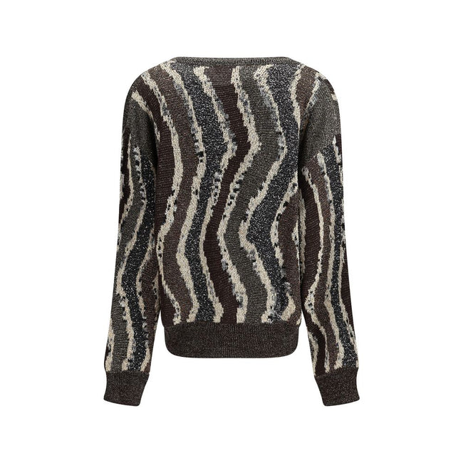 Brown Viscose CardiganMissoni’s Wave pattern boxy Cardigan is a garment with a modern and sophisticated style. Made of jacquard with the characteristic wave motif, it features a button closure and applied sequins that give shine and a touch of elegance, p