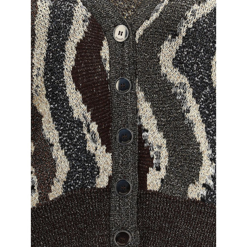 Brown Viscose CardiganMissoni’s Wave pattern boxy Cardigan is a garment with a modern and sophisticated style. Made of jacquard with the characteristic wave motif, it features a button closure and applied sequins that give shine and a touch of elegance, p