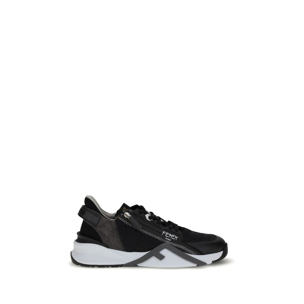 Gray Calf Leather Bos Taurus Athletic SneakersFendi’s Flow Sneakers combine style and practicality in a distinctive modern design. Slip-ons with elastic laces and a side zipper, they are made of black FF jacquard nylon and embellished with black leather d