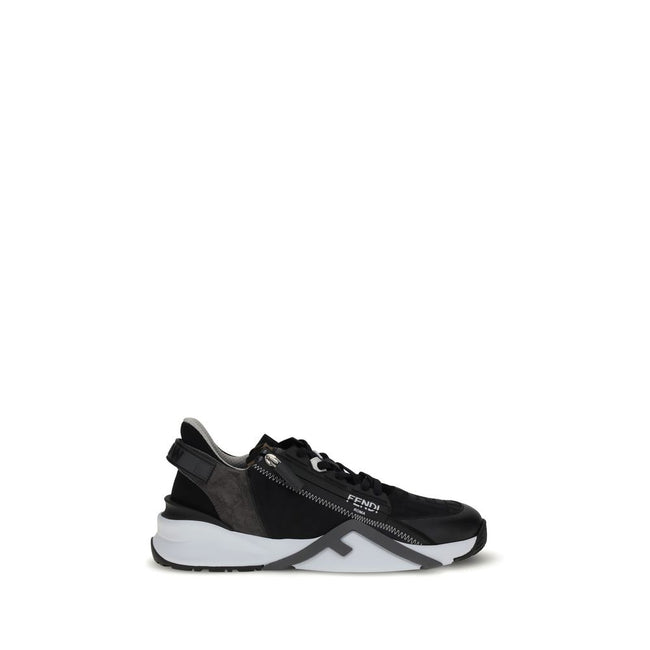 Gray Calf Leather Bos Taurus Athletic SneakersFendi’s Flow Sneakers combine style and practicality in a distinctive modern design. Slip-ons with elastic laces and a side zipper, they are made of black FF jacquard nylon and embellished with black leather d