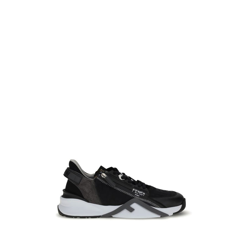 Gray Calf Leather Bos Taurus Athletic SneakersFendi’s Flow Sneakers combine style and practicality in a distinctive modern design. Slip-ons with elastic laces and a side zipper, they are made of black FF jacquard nylon and embellished with black leather d