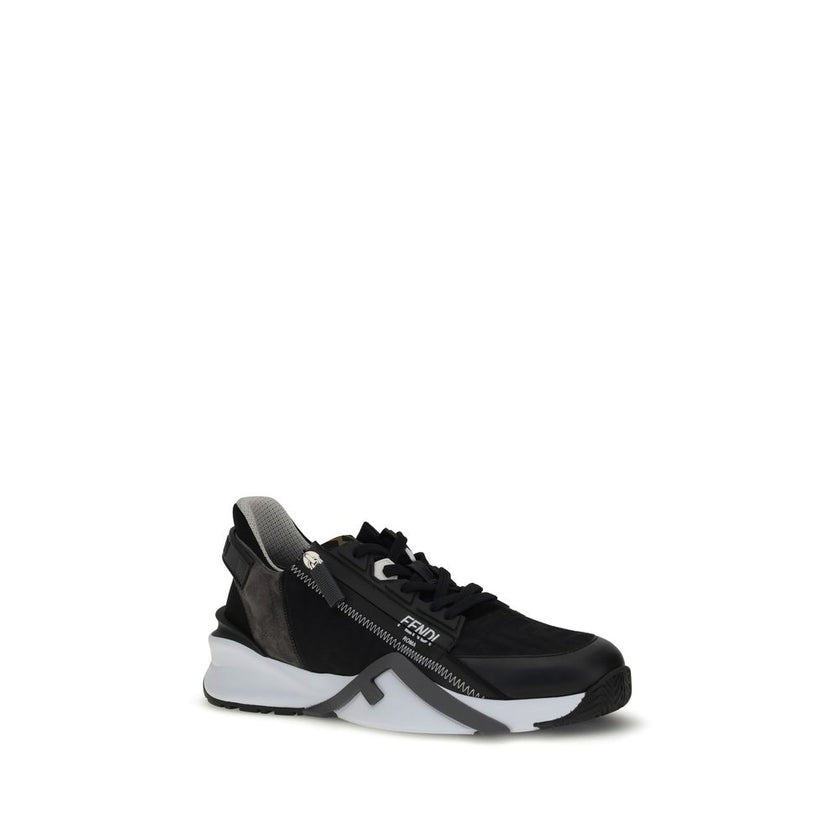 Gray Calf Leather Bos Taurus Athletic SneakersFendi’s Flow Sneakers combine style and practicality in a distinctive modern design. Slip-ons with elastic laces and a side zipper, they are made of black FF jacquard nylon and embellished with black leather d