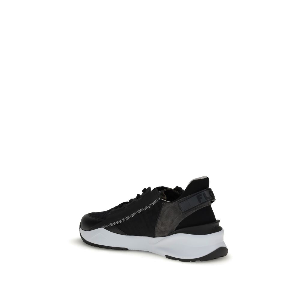 Gray Calf Leather Bos Taurus Athletic SneakersFendi’s Flow Sneakers combine style and practicality in a distinctive modern design. Slip-ons with elastic laces and a side zipper, they are made of black FF jacquard nylon and embellished with black leather d