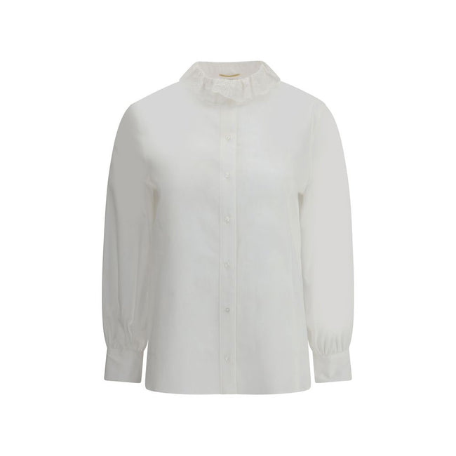 White Cotton Dress ShirtSaint Laurent’s cotton poplin Shirt combines sartorial rigor and romantic details in a sophisticated balance. Featuring a front button closure, it features a delicate Pierrot collar trimmed with lace that adds a feminine, retro tou