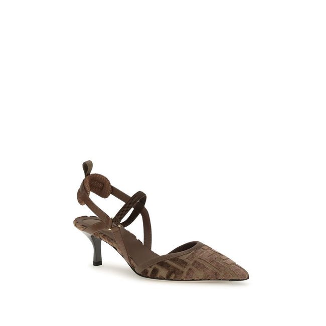 Brown Fabric Mid Heel PumpsFendi’s Colibri Pumps are a sleek and modern design, perfect for those seeking a distinctive touch of luxury. The slingback design with elasticized straps ensures a comfortable and secure fit, while the almond toe gives a sleek