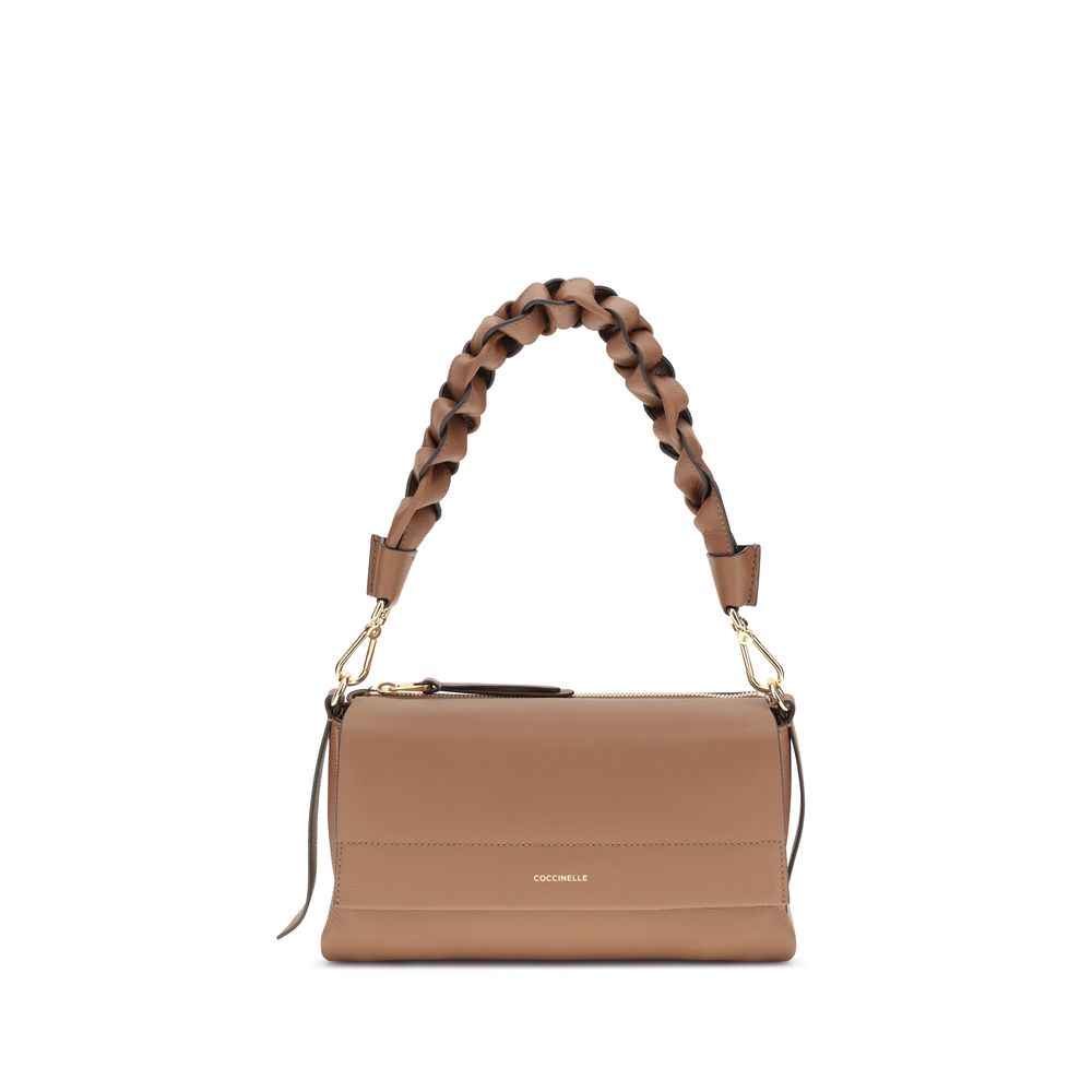 Beige Leather Shoulder Bag with Woven Handle