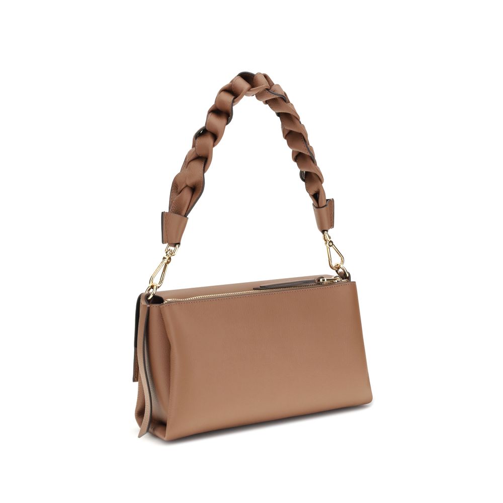 Beige Leather Shoulder Bag with Woven Handle