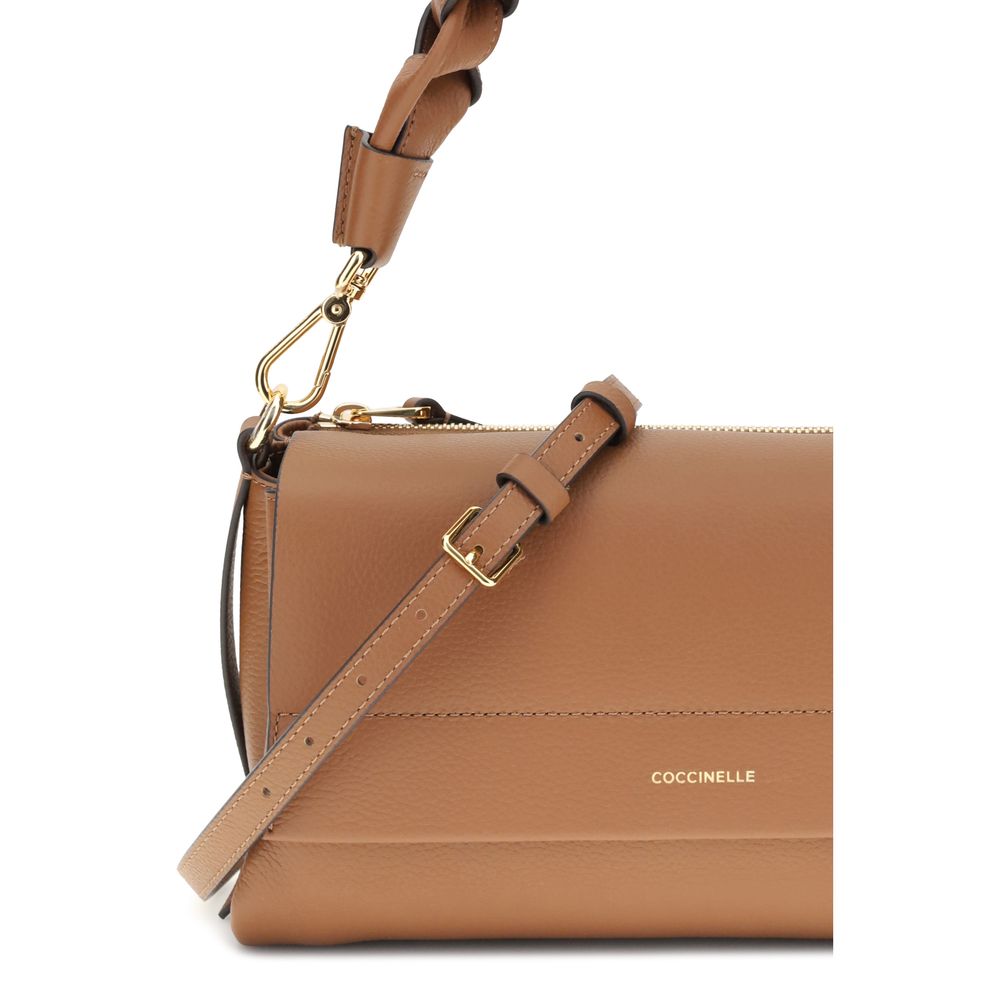 Beige Leather Shoulder Bag with Woven Handle