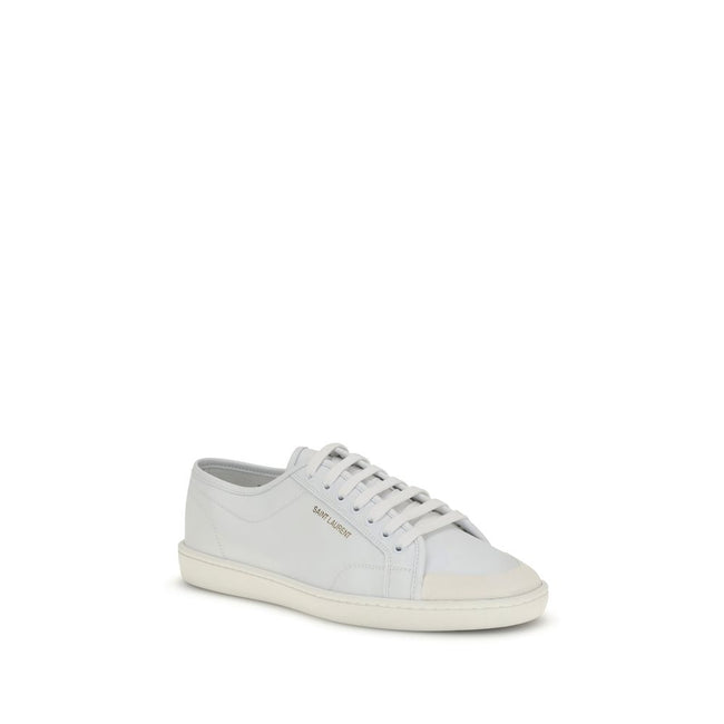 White Calf Leather Bos Taurus Low Top SneakersSaint Laurent’s Gym Sneakers are a contemporary classic, featuring a lace-up closure and a gold SAINT LAURENT signature on the side that adds a touch of understated luxury. The flat rubber sole ensures comfort