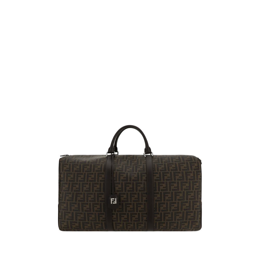 Brown Canvas Luggage And TravelBoston Travel Bag by Fendi, two leather top handles, jacquard design with iconic FF monogram repeated all-over, top closure by double-slider zipper, adjustable and removable leather shoulder strap by snap hooks., large singl