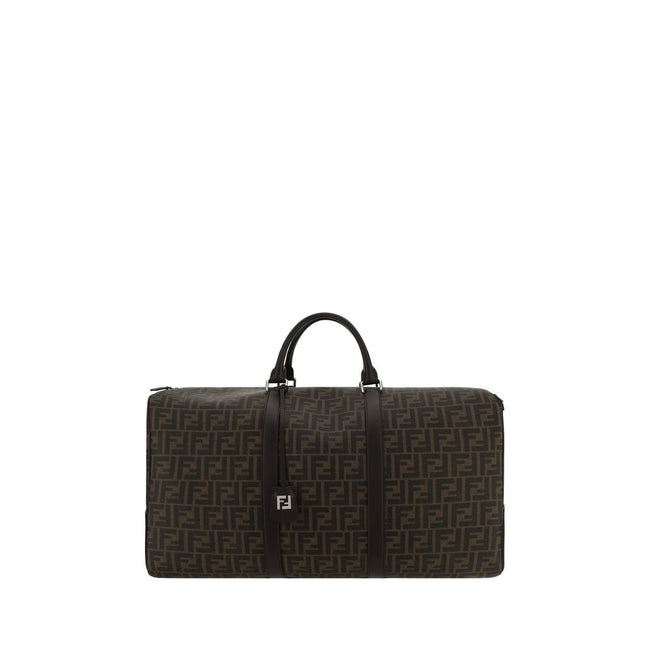 Brown Canvas Luggage And TravelBoston Travel Bag by Fendi, two leather top handles, jacquard design with iconic FF monogram repeated all-over, top closure by double-slider zipper, adjustable and removable leather shoulder strap by snap hooks., large singl