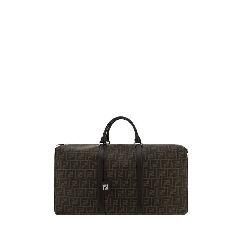 Brown Canvas Luggage And TravelBoston Travel Bag by Fendi, two leather top handles, jacquard design with iconic FF monogram repeated all-over, top closure by double-slider zipper, adjustable and removable leather shoulder strap by snap hooks., large singl