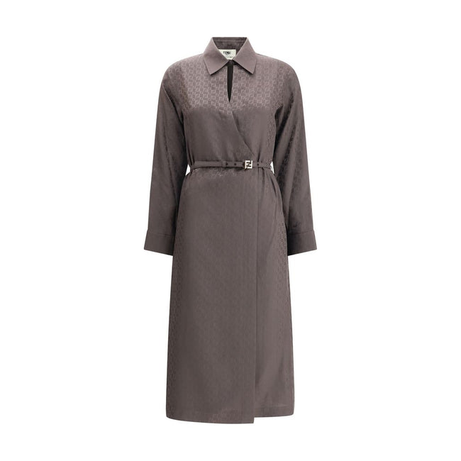 Brown Silk Casual DressFendi’s FF silk jacquard Dress is a masterpiece of sophisticated elegance and iconic details. Made of jacquard silk with the famous dark brown FF check pattern, it features a shirt-style collar and cuffs that lend structure to the f