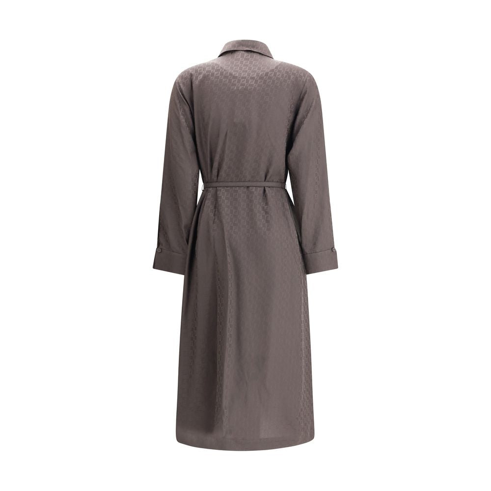 Brown Silk Casual DressFendi’s FF silk jacquard Dress is a masterpiece of sophisticated elegance and iconic details. Made of jacquard silk with the famous dark brown FF check pattern, it features a shirt-style collar and cuffs that lend structure to the f