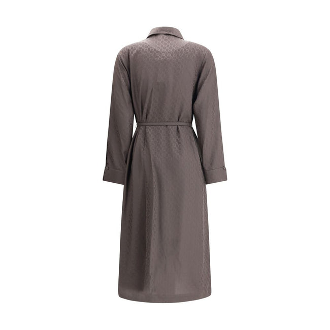 Brown Silk Casual DressFendi’s FF silk jacquard Dress is a masterpiece of sophisticated elegance and iconic details. Made of jacquard silk with the famous dark brown FF check pattern, it features a shirt-style collar and cuffs that lend structure to the f