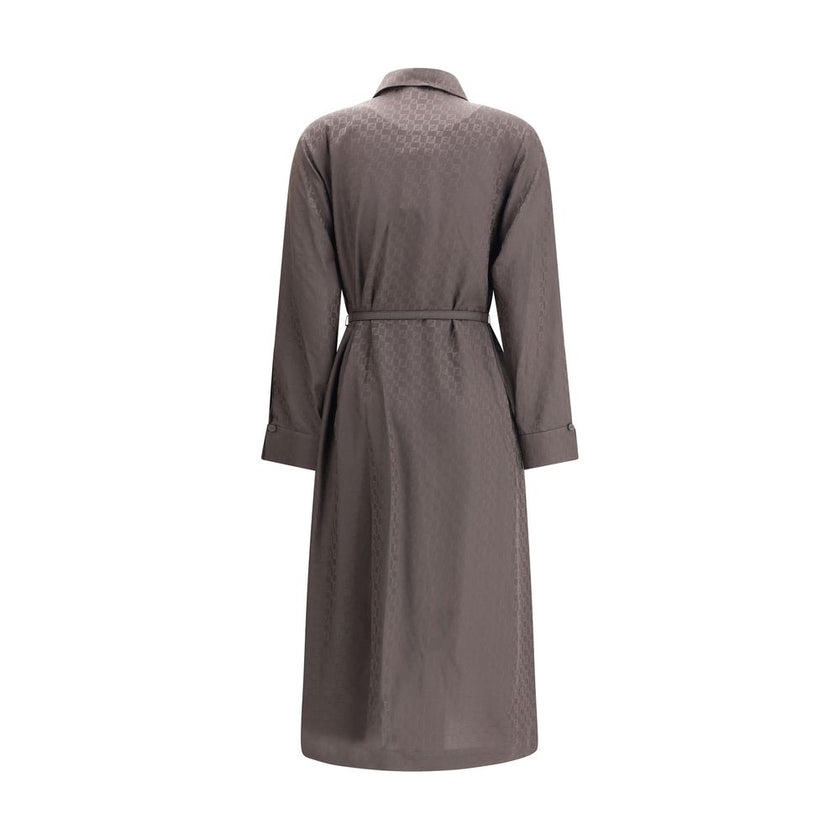 Brown Silk Casual DressFendi’s FF silk jacquard Dress is a masterpiece of sophisticated elegance and iconic details. Made of jacquard silk with the famous dark brown FF check pattern, it features a shirt-style collar and cuffs that lend structure to the f